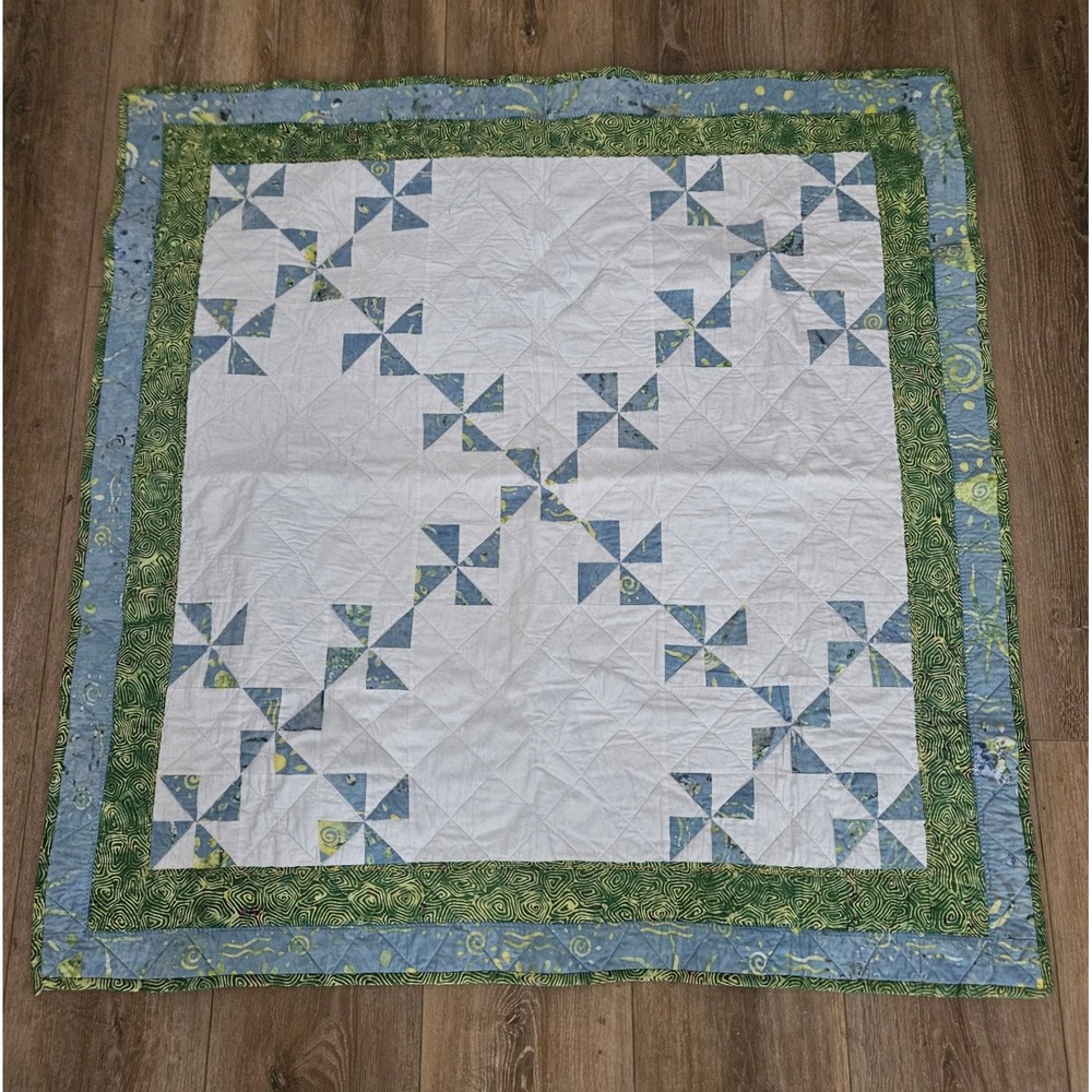 Handmade Patchwork Quilt Pinwheel Celestial Sun Moon Batik Green Blue Throw Vtg